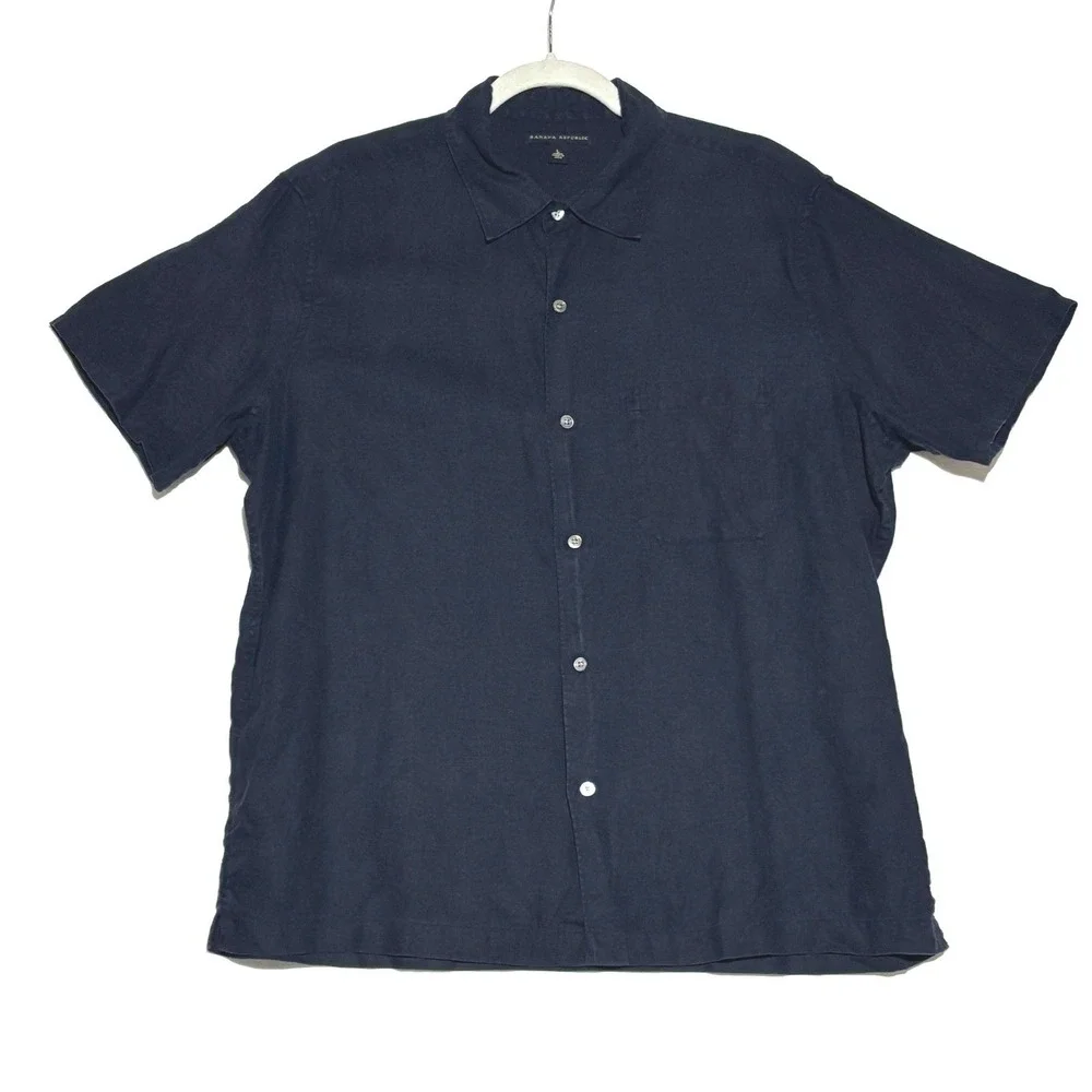 Banana Republic Shirt Mens XL‎ Navy Blue 100% Linen Short Sleeve Button Down